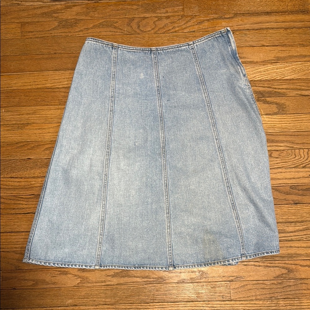 light wash denim midi skirt